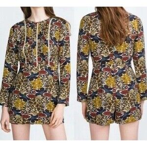 Zara Trafaluc Bohemian Floral Romper Mini Dress S Boho Prairie Retro 70s Paisley